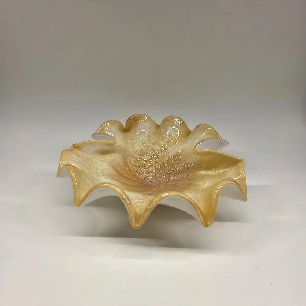 Vintage Murano Gold Aventurine Art Glass Ruffled Bowl Italy